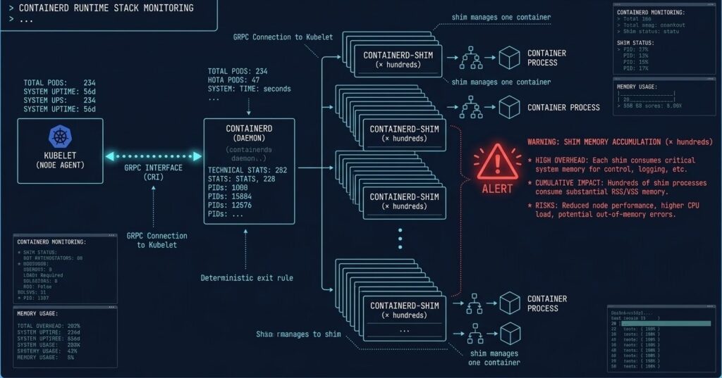 containerd in production runtime stack diagram showing Kubelet gRPC containerd-shim accumulation at high pod density