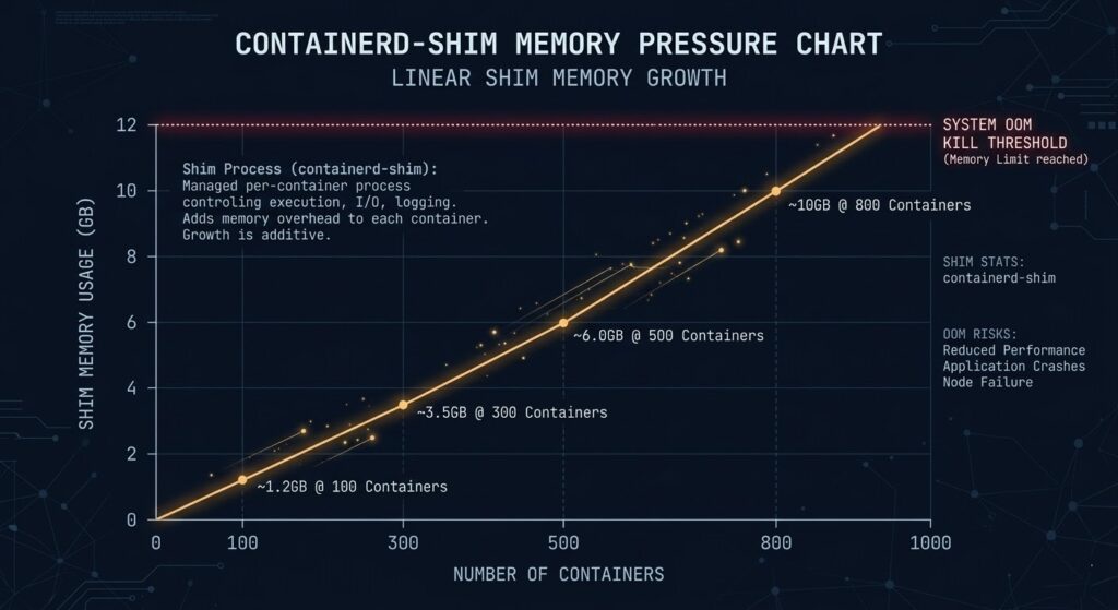 Chart showing containerd-shim memory accumulation scaling from 1.2GB at 100 containers to over 10GB at 800 containers per node