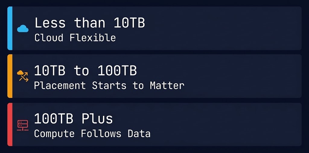 Data gravity diagram showing compute placement decisions at dataset size thresholds of 10TB and 100TB