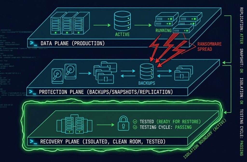 Three-plane data protection architecture diagram showing Data Plane, Protection Plane, and Recovery Plane with adversarial attack vectors targeting the protection layer