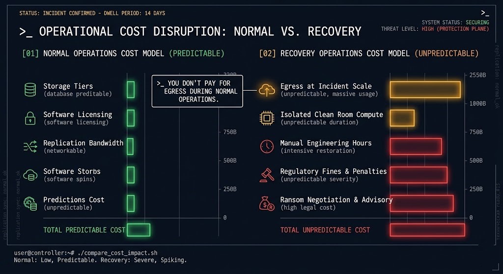 Data protection cost inversion diagram showing normal operations cost versus recovery cost with egress, clean room compute, and incident labor highlighted as failure-state costs not modeled in standard budgets