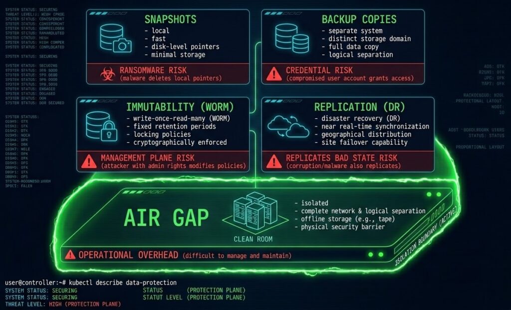 Five data protection primitives stacked as architectural layers — snapshots, backup copies, immutability, replication, and air gap — showing what failure mode each addresses and where each fails