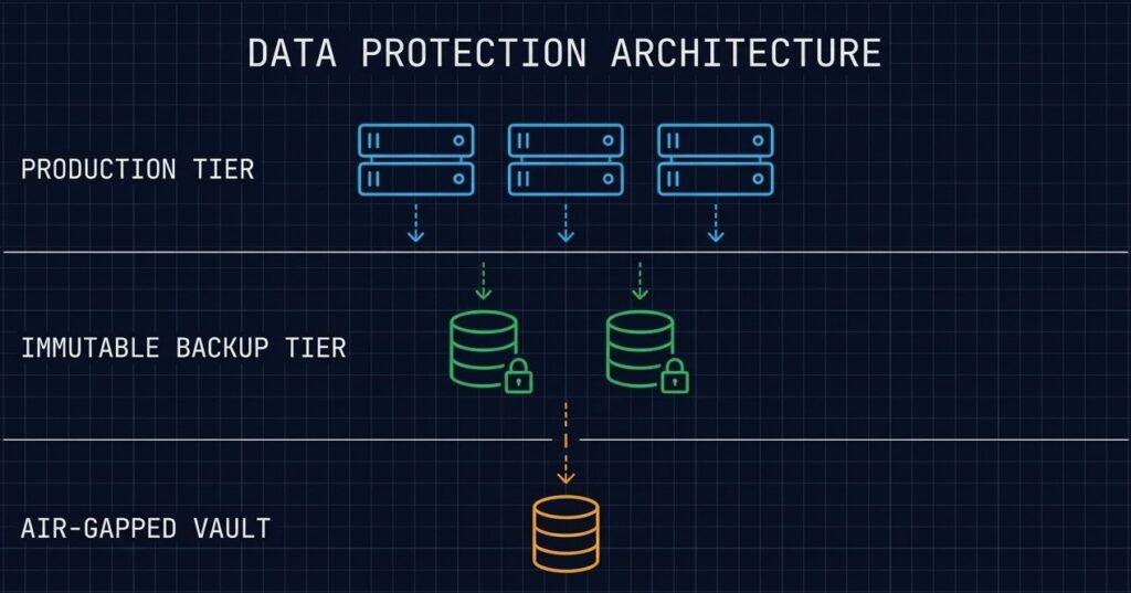 Data protection architecture diagram showing immutable backup tiers, replication zones, and recovery time objectives across hybrid infrastructure