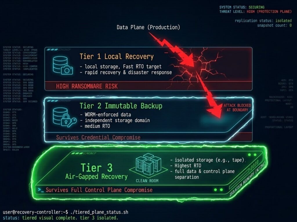 Three-tier data protection model showing Local Recovery, Immutable Backup, and Air-Gapped Recovery tiers with RTO ranges and ransomware survivability ratings for each tier