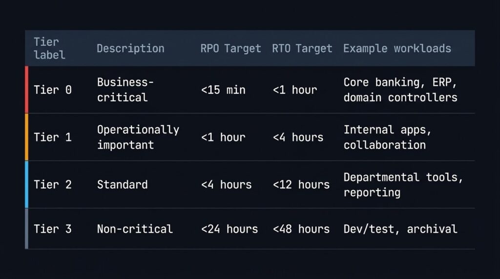 Disaster recovery workload tier classification showing RPO and RTO targets for Tier 0 through Tier 3 workloads