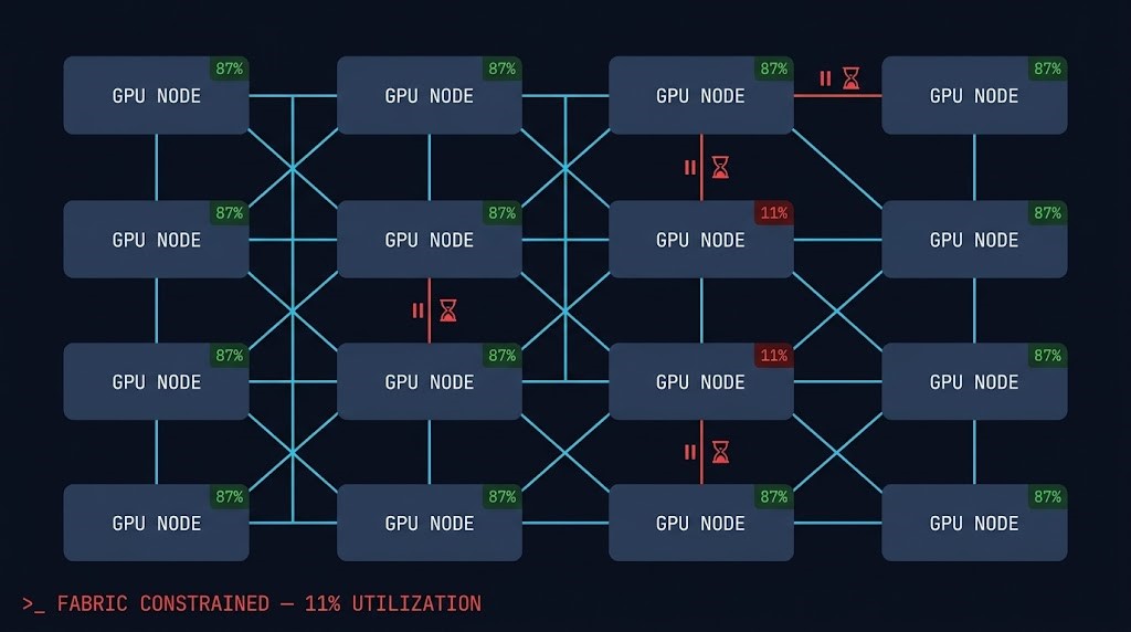 GPU cluster diagram showing fabric-constrained nodes at 11% utilization versus healthy nodes at 87% — network bottleneck before compute.