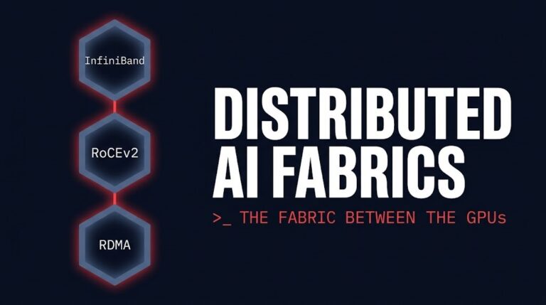 Distributed AI fabrics architecture showing InfiniBand, RoCEv2, and RDMA interconnect layers for GPU cluster design Caption: The fabric between the GPUs determines whether your compute investment is productive or idle.