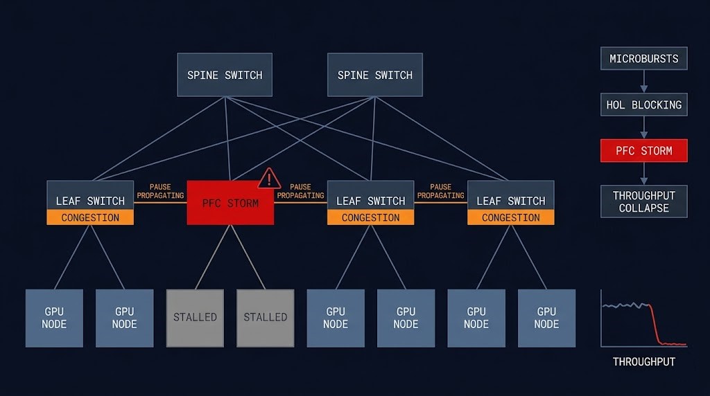 Network congestion cascade diagram showing PFC storm propagation across distributed AI fabric switches causing cluster-wide GPU stall