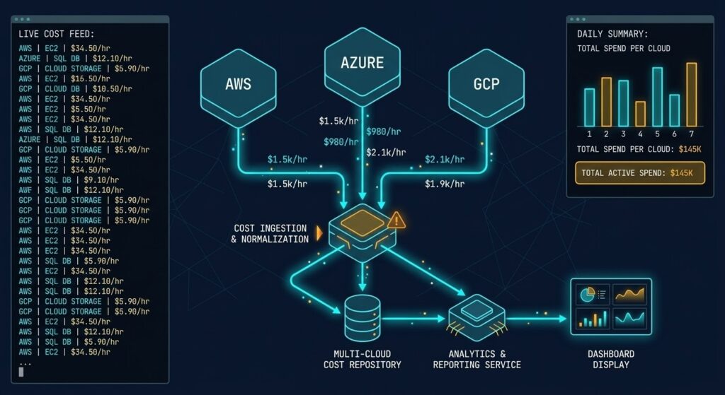 FinOps architecture dashboard showing cloud cost as a design constraint across multi-cloud infrastructure