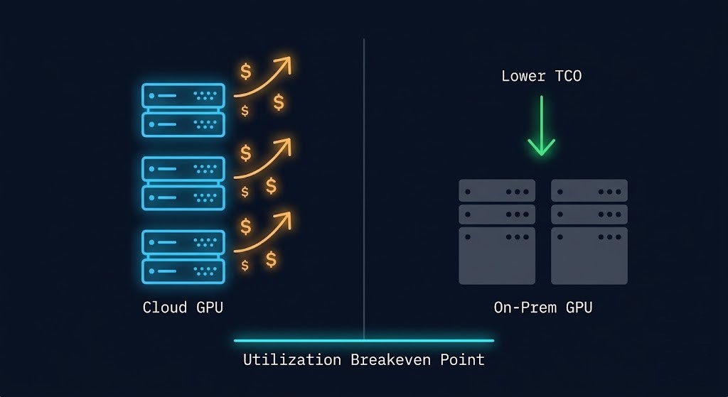 FinOps architecture decision model comparing cloud versus on-premises cost structure for AI inference workloads
