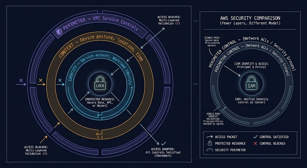 GCP BeyondCorp zero trust architecture diagram showing identity, context, and perimeter as layered access controls replacing network trust