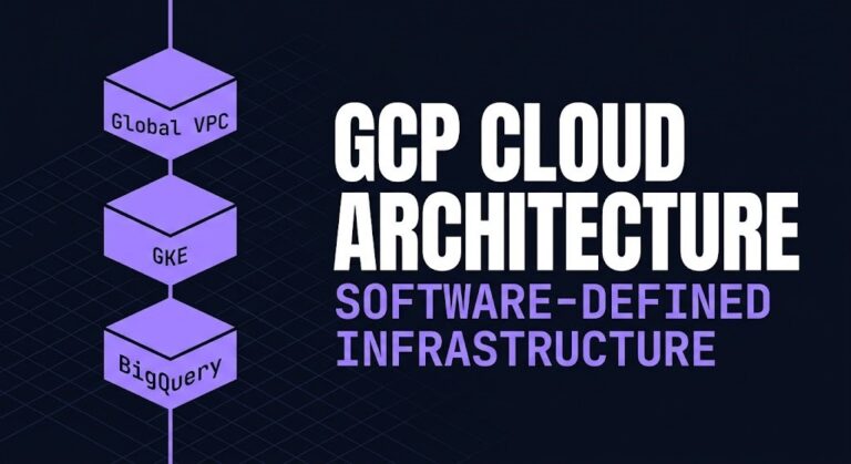 GCP cloud architecture — software-defined infrastructure covering global VPC, GKE, BigQuery, Pub/Sub, Dataflow, and Vertex AI across 40 cloud regions.