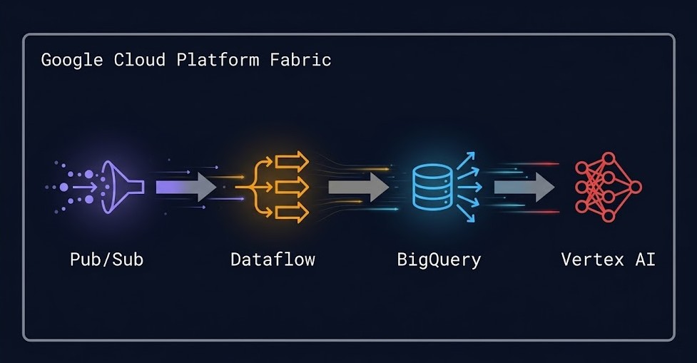 GCP data platform architecture diagram showing Pub/Sub, Dataflow, BigQuery, and Vertex AI as an integrated native pipeline