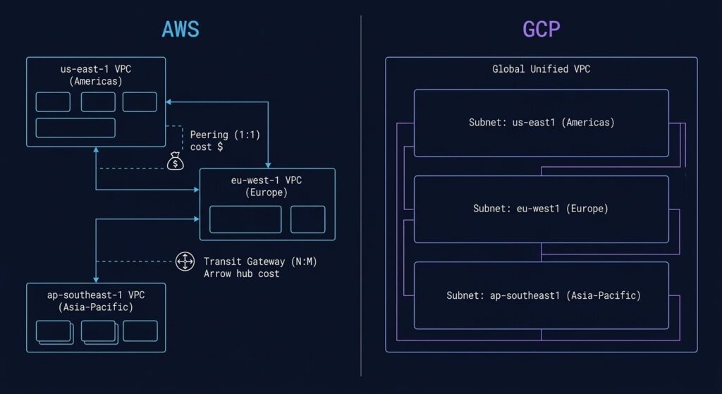 Diagram comparing GCP global VPC spanning multiple regions versus AWS regional VPCs requiring peering or Transit Gateway for cross-region communication