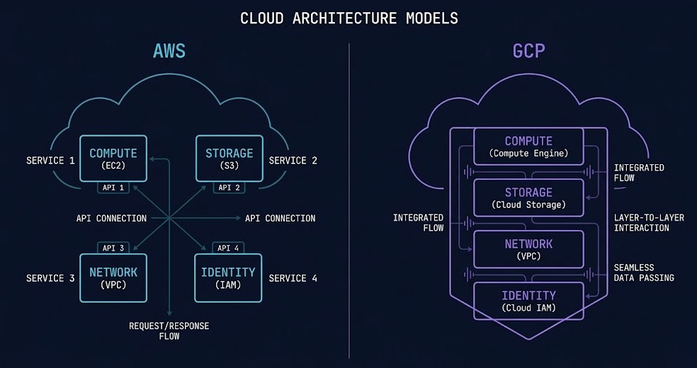 Side-by-side contrast diagram comparing AWS service composition model versus GCP software-defined systems model