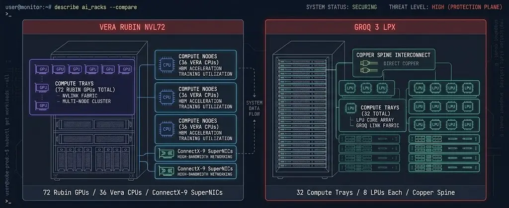 Vera Rubin NVL72 training rack versus Groq 3 LPX dedicated inference rack architecture diagram