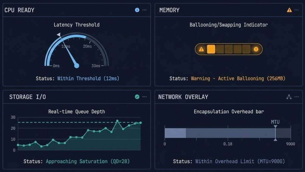 Four hypervisor physics signals diagram showing CPU Ready time, memory ballooning, storage queue depth, and network overlay overhead