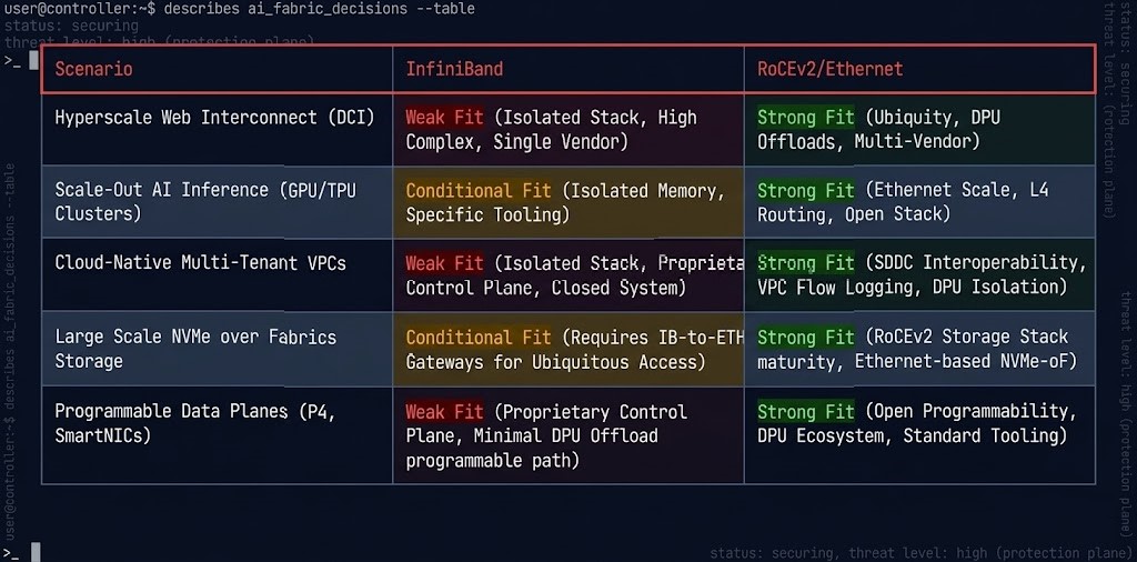 InfiniBand vs RoCEv2 architect decision matrix for AI infrastructure workload selection
