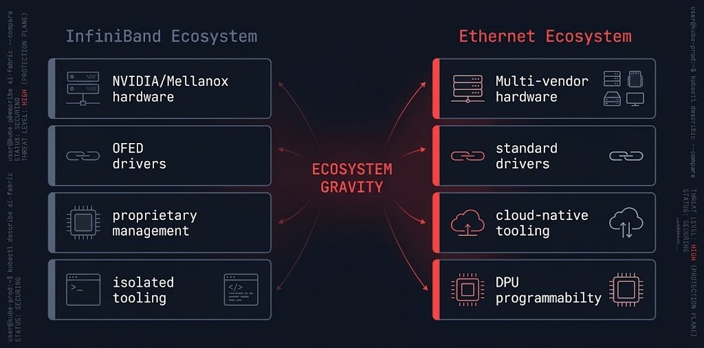 Ecosystem divergence diagram showing InfiniBand vendor stack versus RoCEv2 open ecosystem alignment