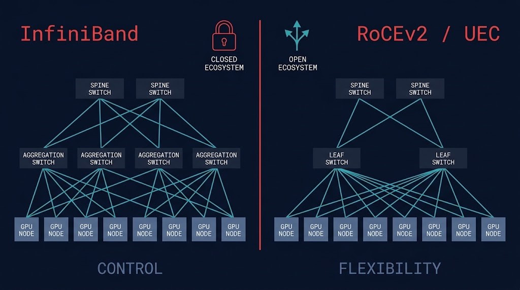 Split topology diagram comparing InfiniBand closed ecosystem fat-tree architecture versus RoCEv2 open Ethernet spine-leaf for distributed AI fabric selection