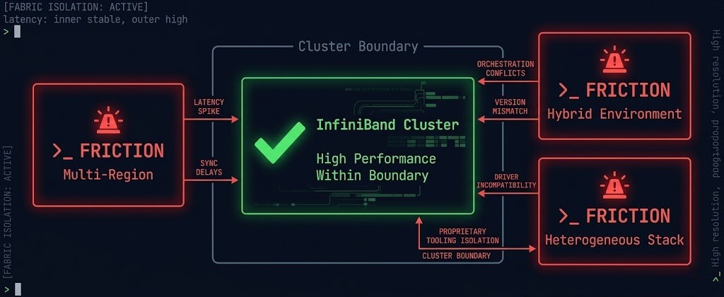 InfiniBand scaling friction diagram showing where the architecture breaks in hybrid and multi-region environments