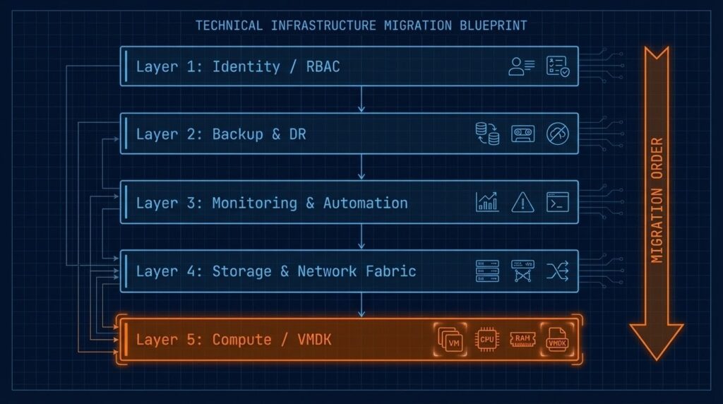 Post-Broadcom Series dependency layer model — five-layer migration stack showing Identity, Backup, Monitoring, Storage, and Compute in order with Compute highlighted as the last layer to move