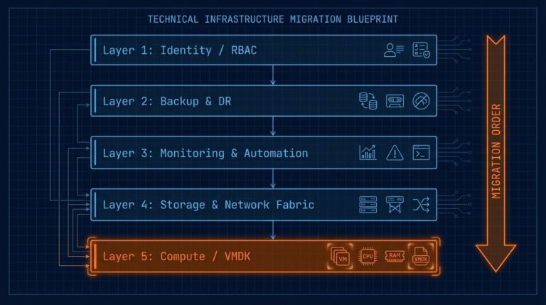Post-Broadcom Series dependency layer model — five-layer migration stack showing Identity, Backup, Monitoring, Storage, and Compute in order with Compute highlighted as the last layer to move