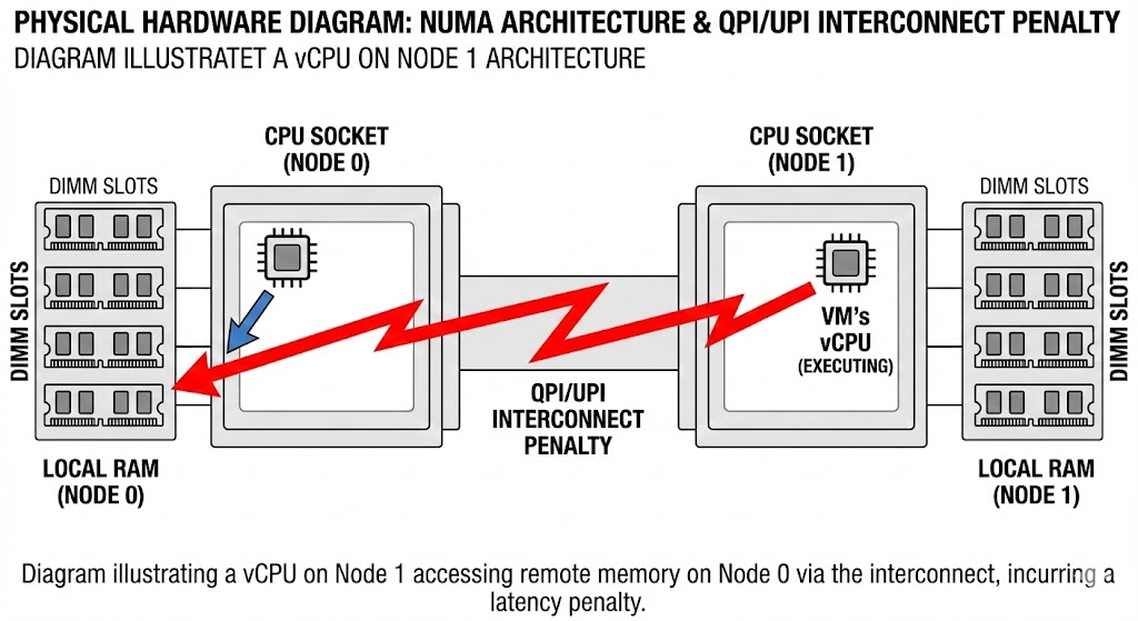 Hardware diagram illustrating the interconnect latency penalty when a virtual machine crosses NUMA node boundaries.