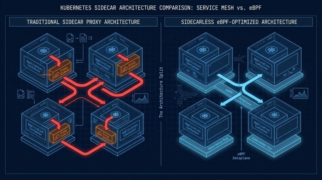 Kubernetes architecture diagram comparing Istio sidecar proxy injection with Cilium eBPF kernel-level networking dataplane