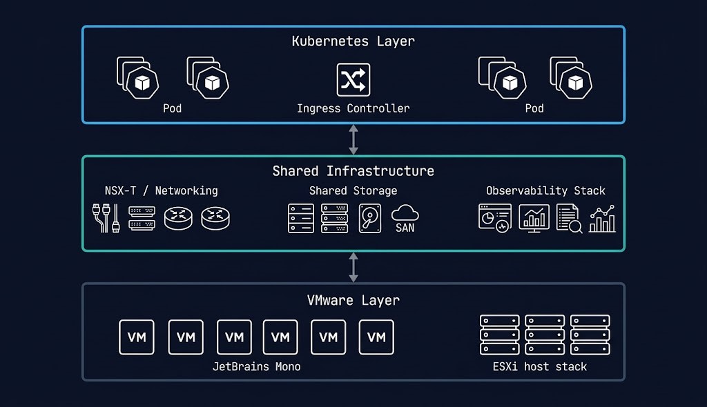 Bridge architecture diagram showing Kubernetes and VMware coexistence with shared networking storage and operations layers