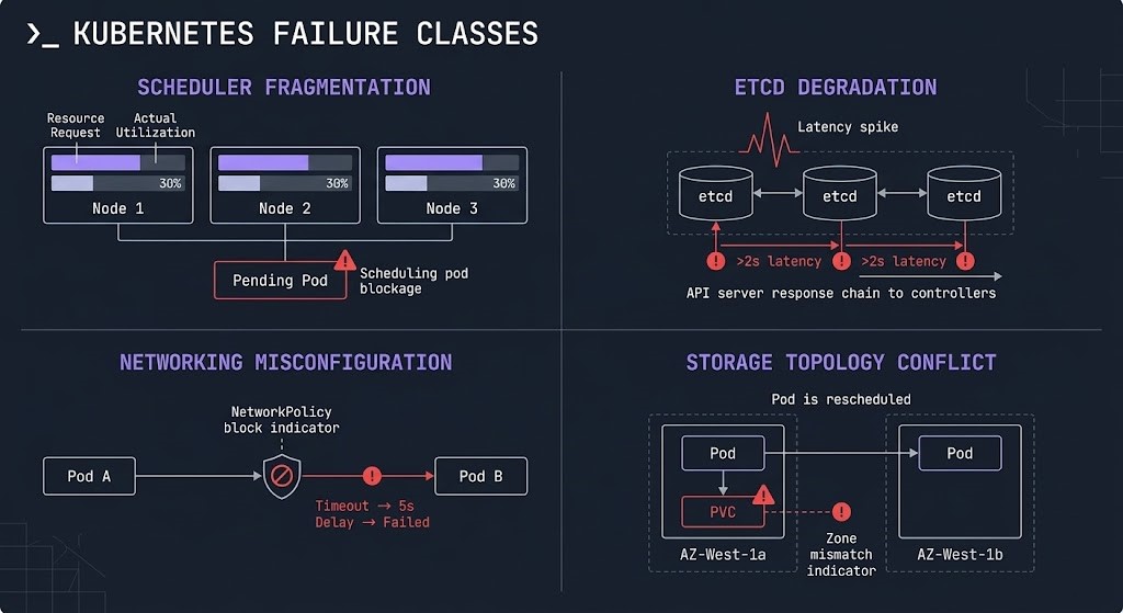 Kubernetes cluster orchestration failure modes diagram showing four failure classes — scheduler fragmentation, etcd degradation, networking misconfiguration, storage topology conflict
