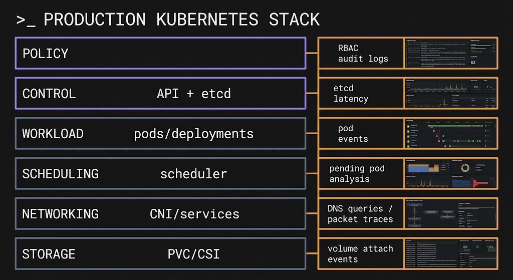 Kubernetes cluster orchestration production operations diagram showing the six architectural layers with monitoring and diagnostic instrumentation at each layer