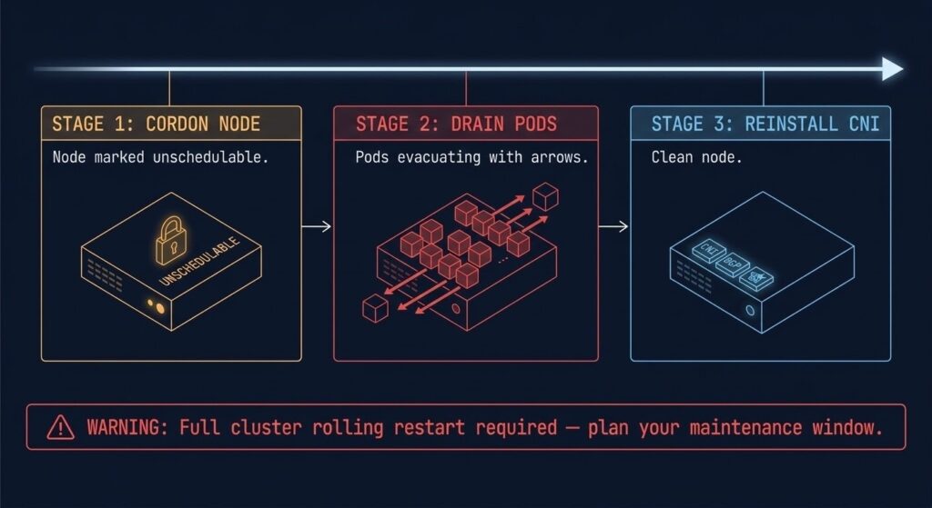 Kubernetes CNI migration diagram showing node cordon drain and CNI reinstall sequence required for switching between Calico and Cilium