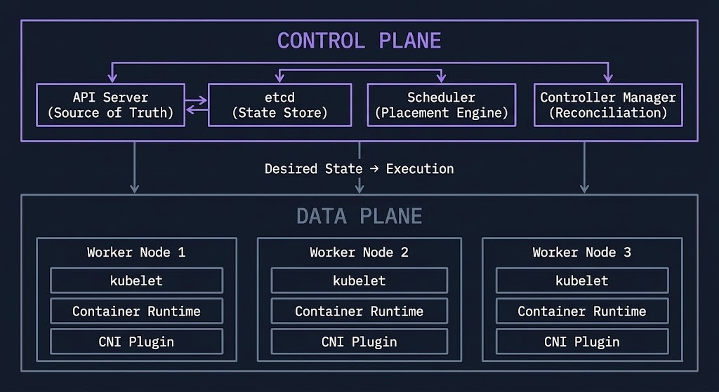 Kubernetes cluster orchestration control plane vs data plane architecture diagram showing API server, etcd, scheduler, controller manager, and worker node components