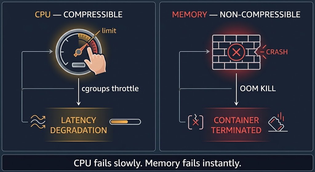 kubernetes cpu throttling vs memory oomkill compressible vs non-compressible resource enforcement