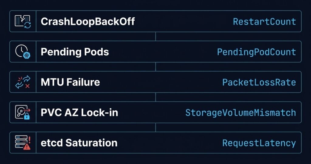 Five Kubernetes Day-2 failures and the single metric that predicts each one