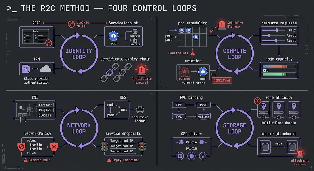 Kubernetes Day-2 operations four control loops diagram — Identity, Compute, Network, Storage diagnostic protocol
