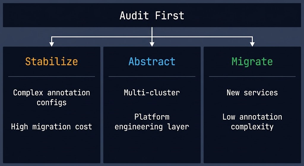 Kubernetes Gateway API migration decision framework showing three postures — Stabilize, Abstract, and Migrate — based on annotation complexity and cluster profile, with Audit as the prerequisite step.
