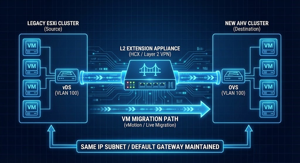 A technical diagram showing a Layer 2 network extension bridging a legacy ESXi cluster to a new AHV cluster, maintaining IP continuity for VM migration.