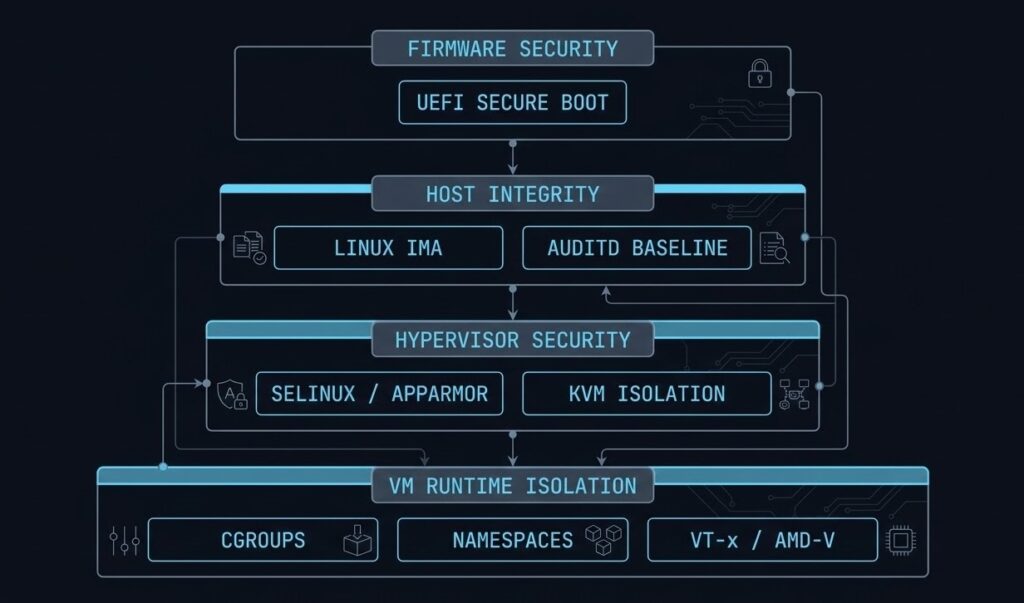 Linux hypervisor security stack showing Secure Boot, IMA, SELinux, cgroups and hardware virtualization isolation layers