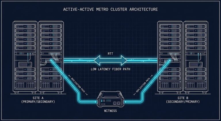 Diagram showing dual-site Metro cluster replication path with RTT measurement point between sites