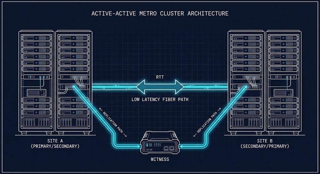 Diagram showing dual-site Metro cluster replication path with RTT measurement point between sites