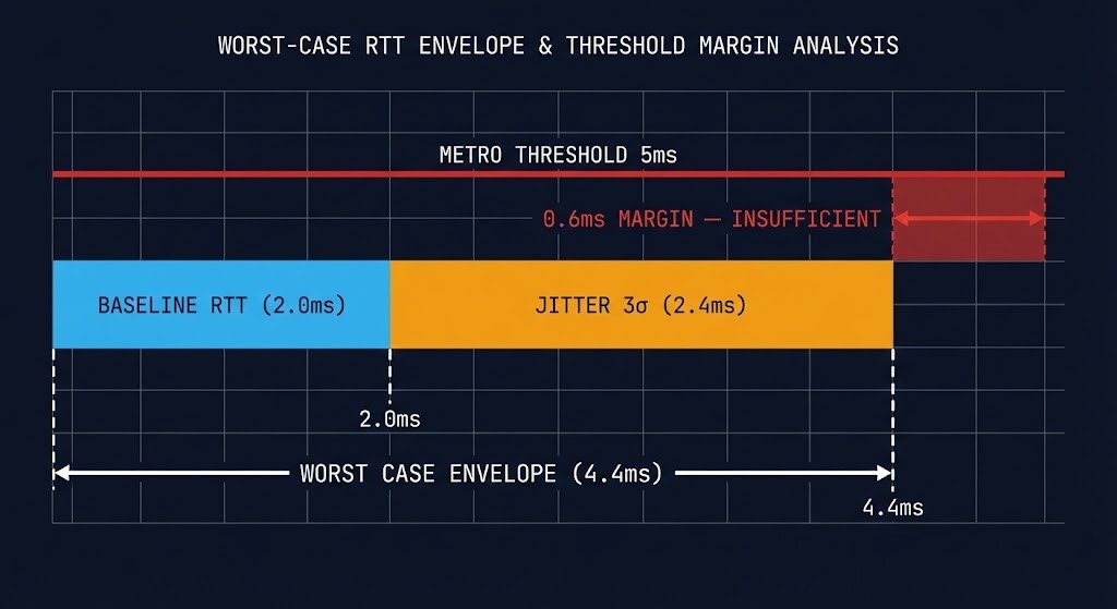 Variance modeling diagram showing baseline RTT plus jitter standard deviation and burst coefficient calculation for Metro threshold margin