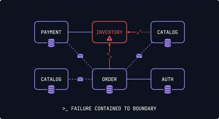 Microservices architecture diagram — service boundaries, data ownership, and failure isolation
