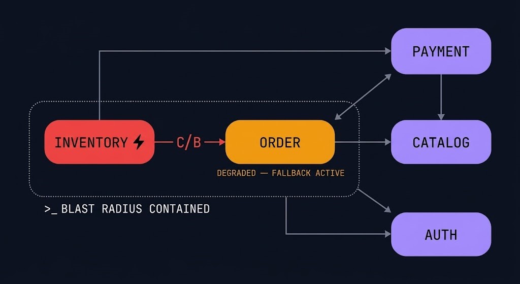 Microservices failure domains and blast radius — circuit breaker containing failure to service boundary
