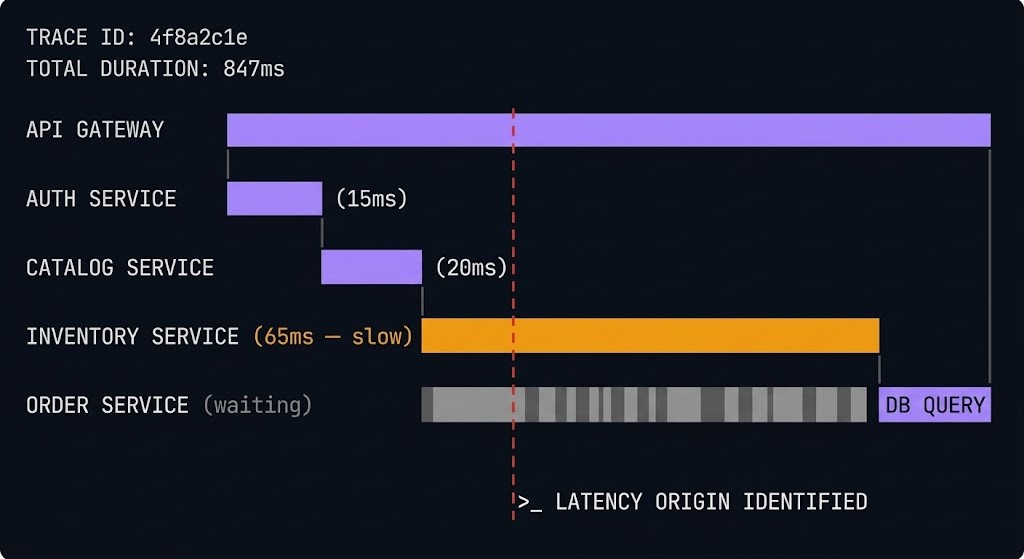 Distributed tracing across microservices — OpenTelemetry trace spanning multiple services showing latency chain