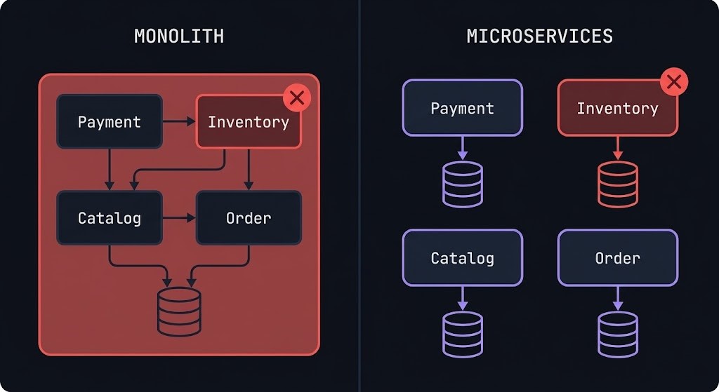 Monolith vs microservices architecture comparison — deployment model, data ownership, failure blast radius