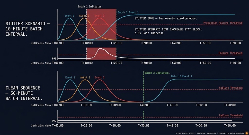 Migration batch overlap diagram showing how 10-minute batch intervals cause Event 3 from batch 1 to collide with Event 1 from batch 2 causing migration stutter
