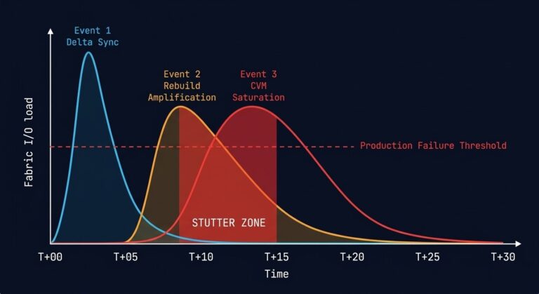 Migration Stutter diagram showing three I/O events colliding during AHV cutover window