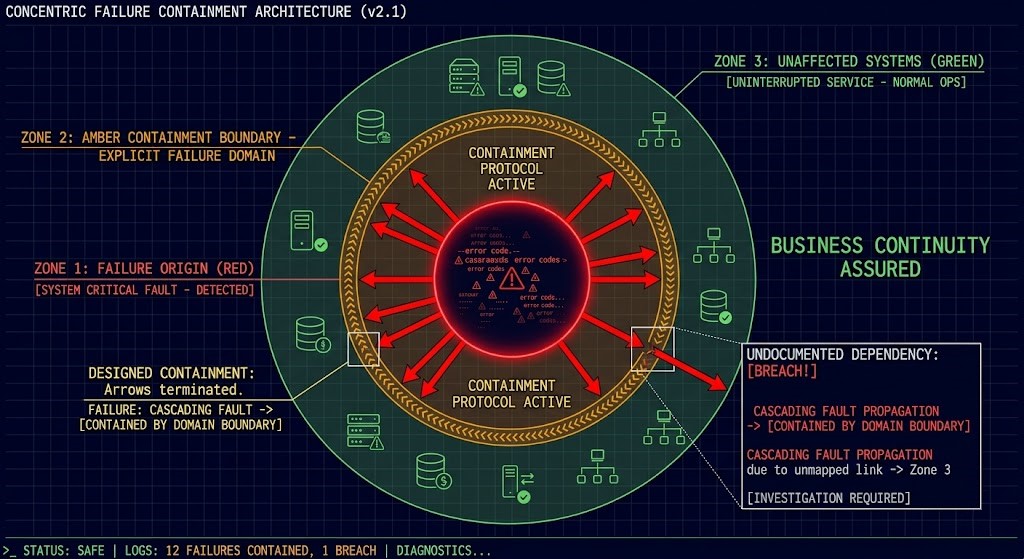 Blast radius containment diagram showing failure propagation stopped at explicit domain boundaries with amber containment lines and red failure propagation arrows